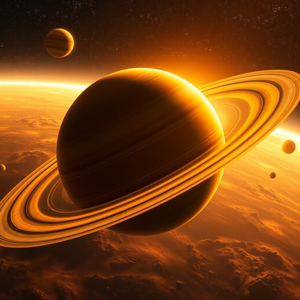 Surreal Saturnian Landscape in Golden Hues and Vibrant Color...