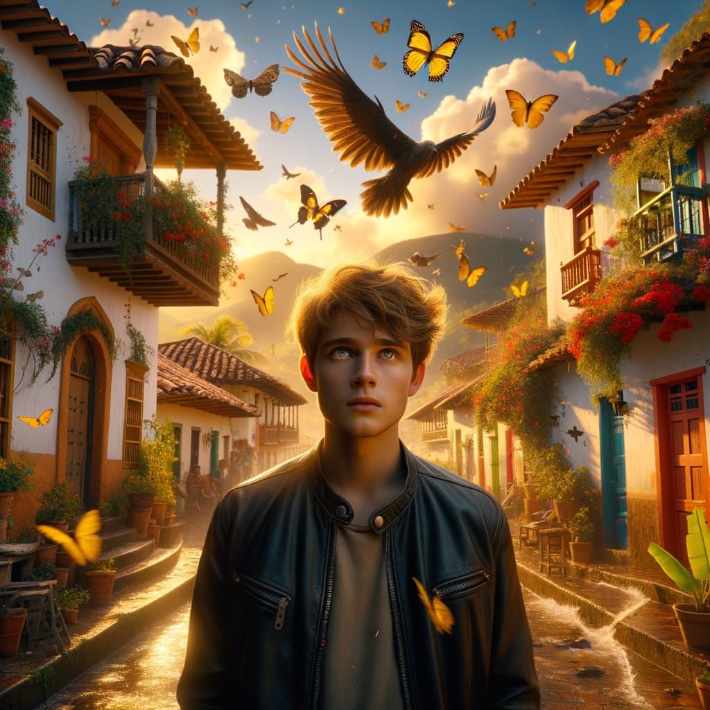 Colombian Boy in Village with Butterflies