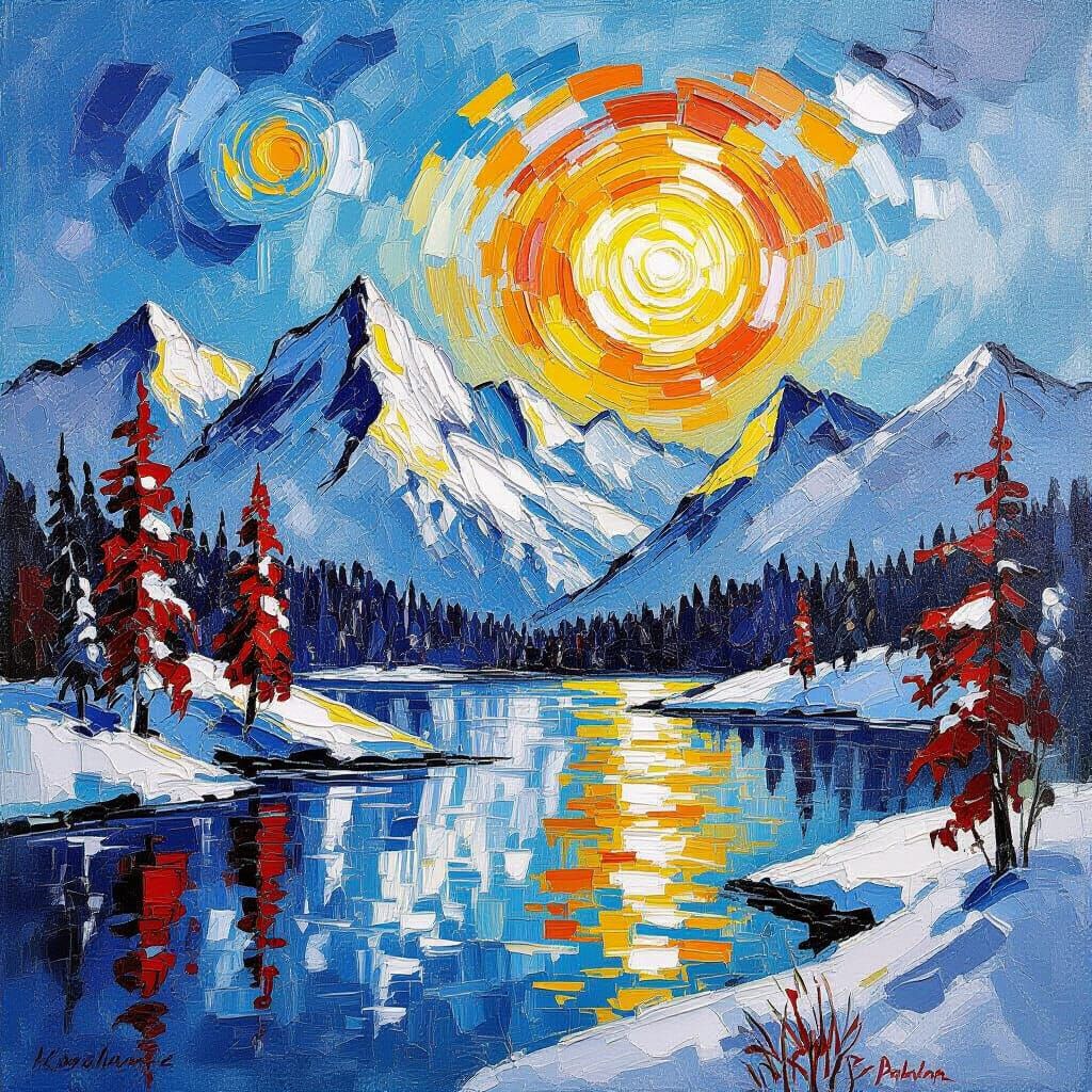 Impasto Winter Landscape with Crimson Trees