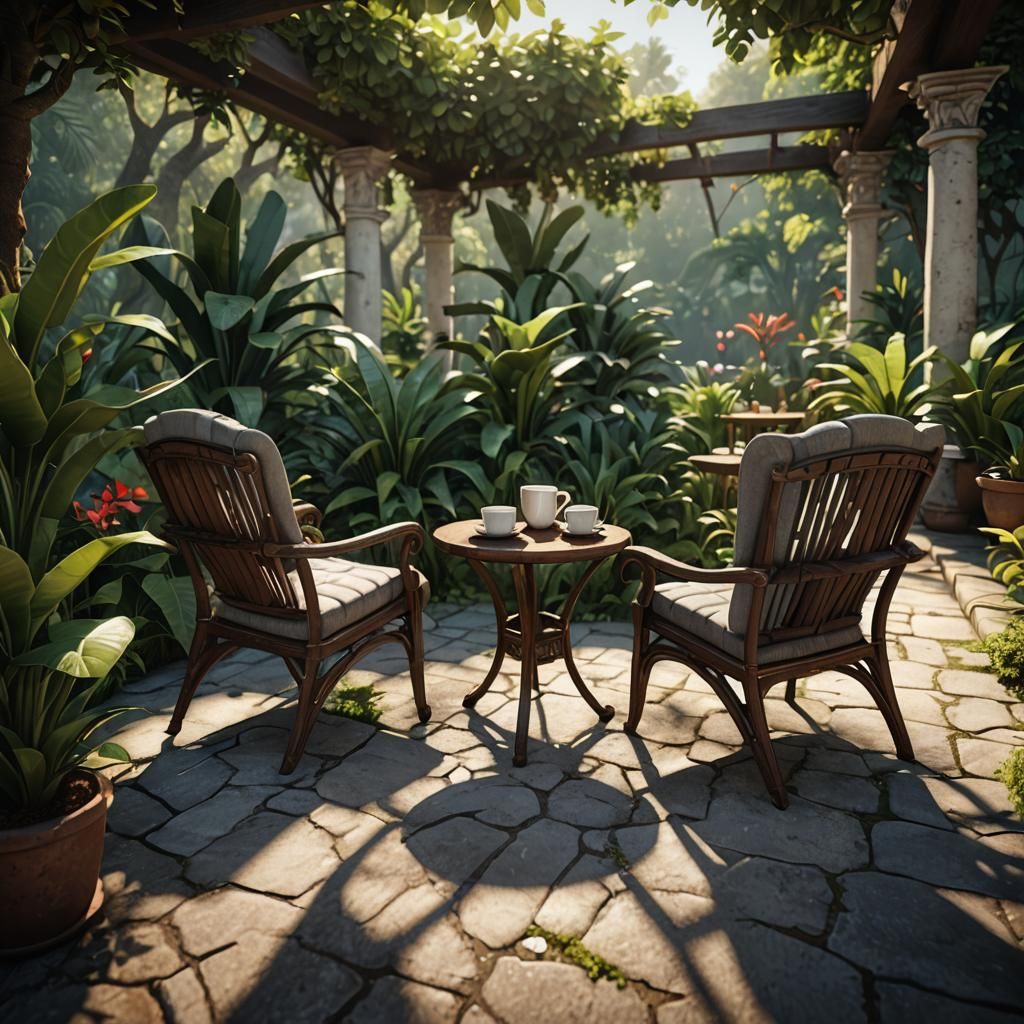 Coffee in Exotic Garden, 3D Rendered