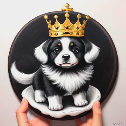 Happy Puppy with Crown and Cookie: Charcoal Drawing