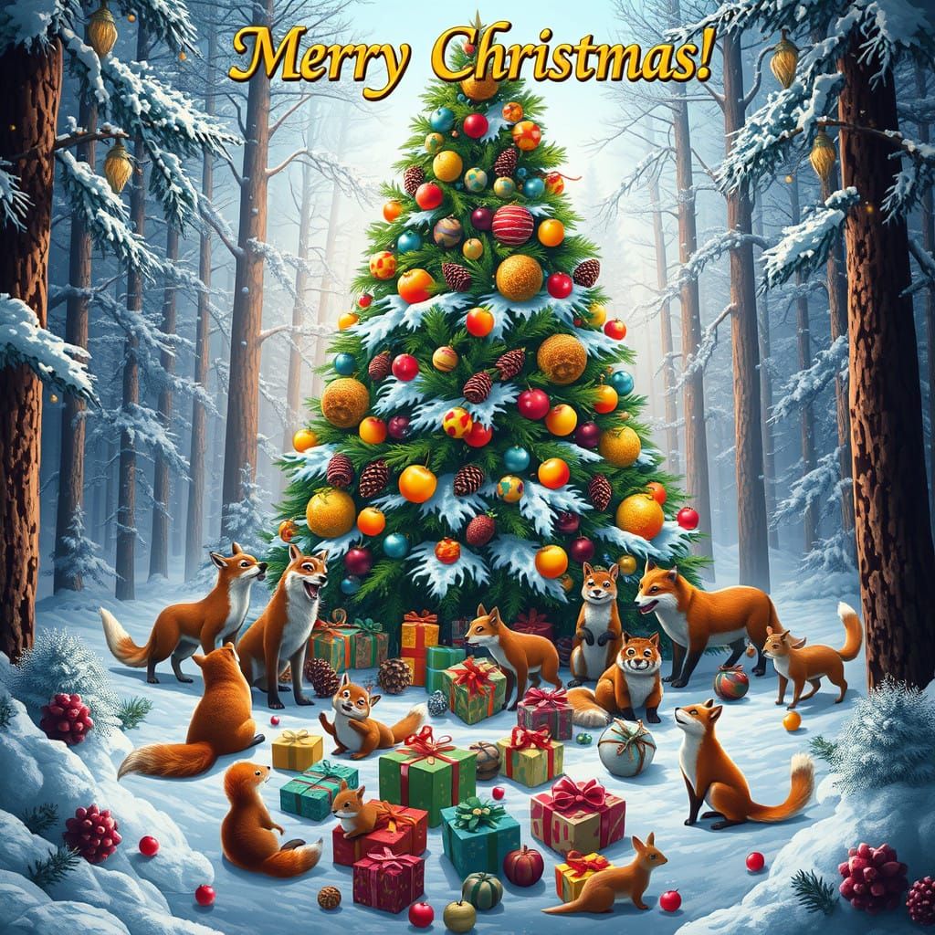 Vibrant Winter Wonderland with Majestic Christmas Tree and F...