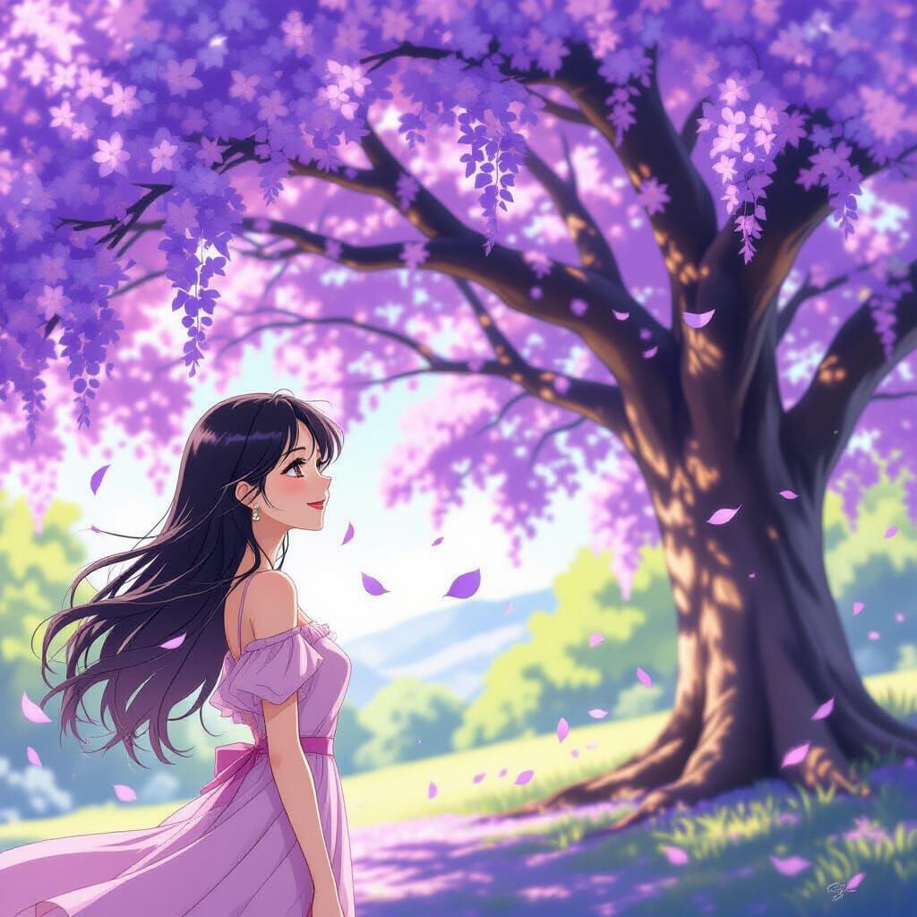 Manga Woman Admires Blooming Jacaranda Tree in Pink Dress
