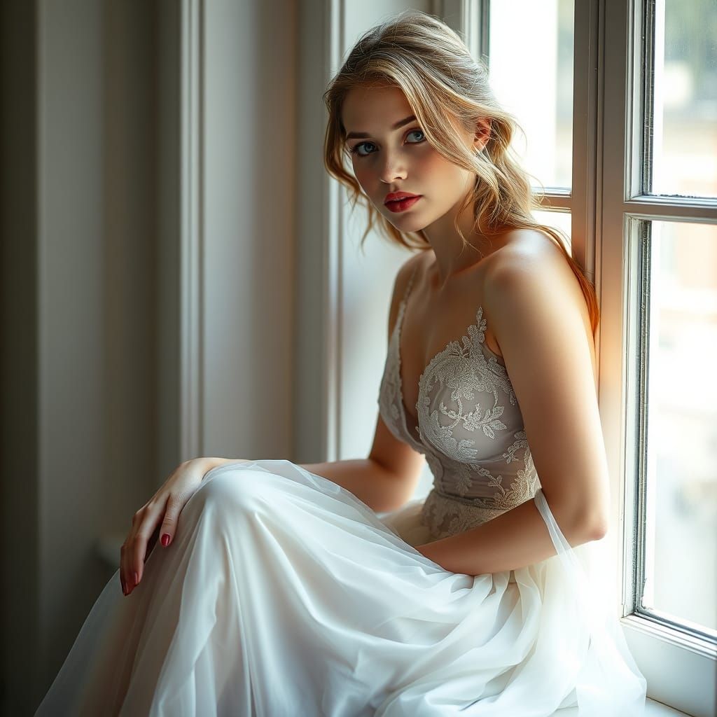 Romantic Woman in Sheer Gown on Window Sill