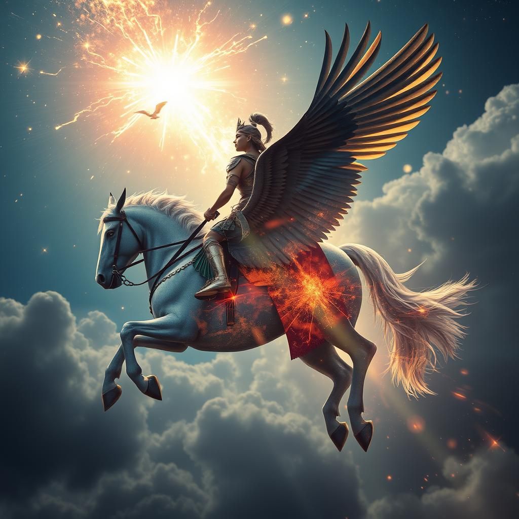 Girl in Armour Soaring on Pegasus with Supernova