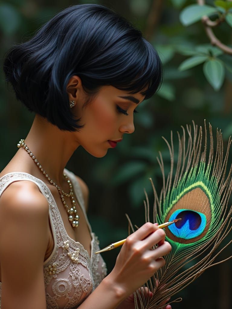 Serene Artist and Peacock Feather Masterpiece