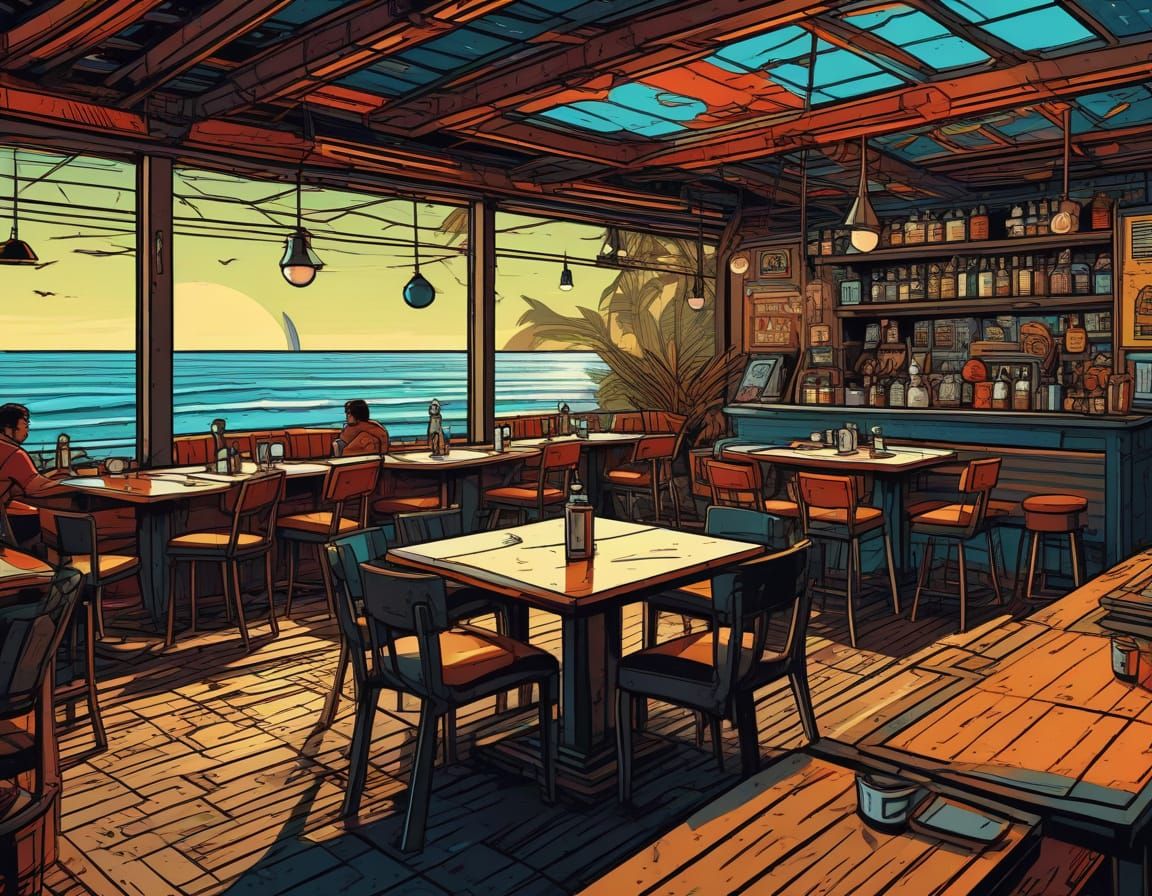 Vibrant Beach Bar Scene in Retro Comic Book Style