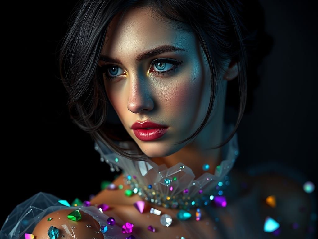 Melancholic Woman in Shattered Crystal Dress