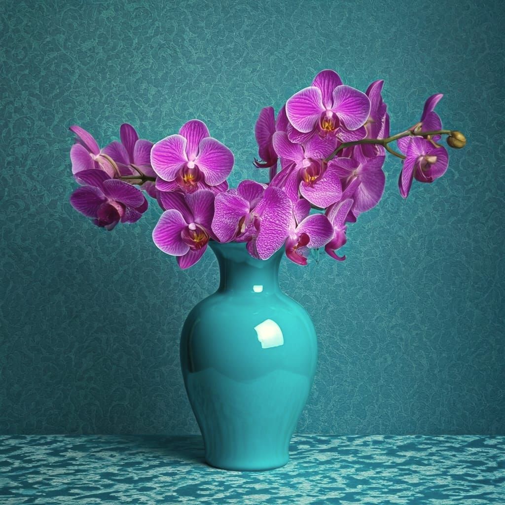 Orchids in Turquoise Vase: Minimalist Still Life