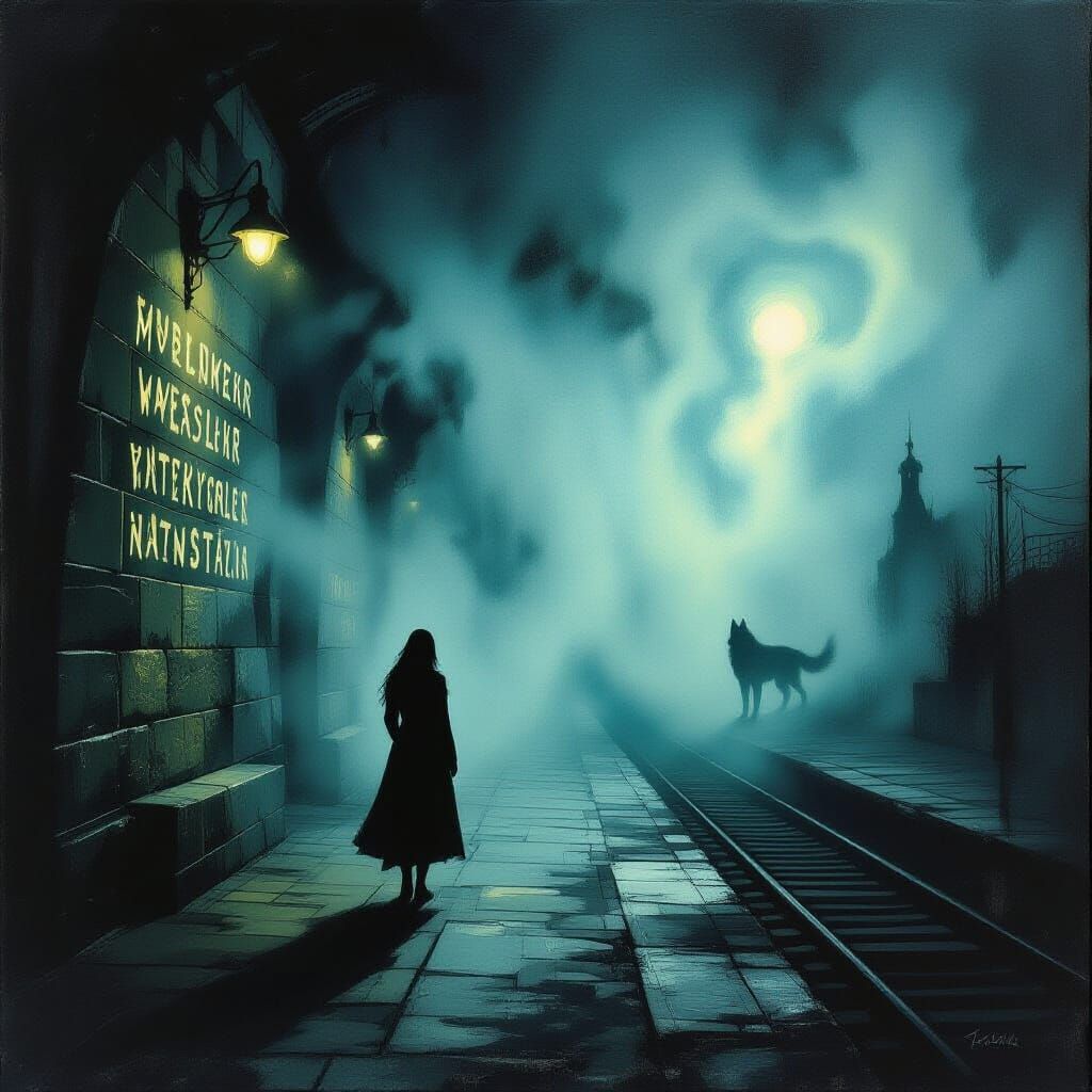 Woman on Foggy Platform with Glowing Runes, Neo-Impressionis...