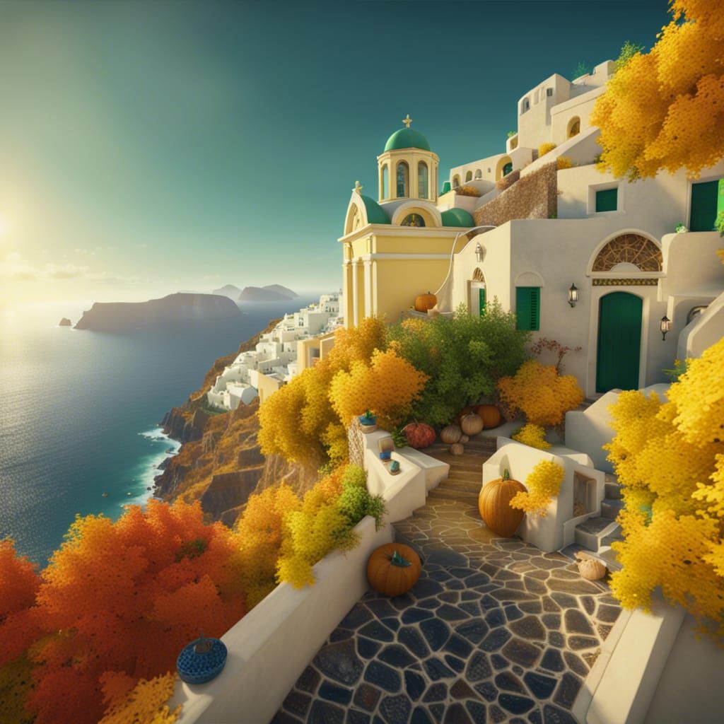 Santorini in Autumn: Hyperrealistic Digital Painting