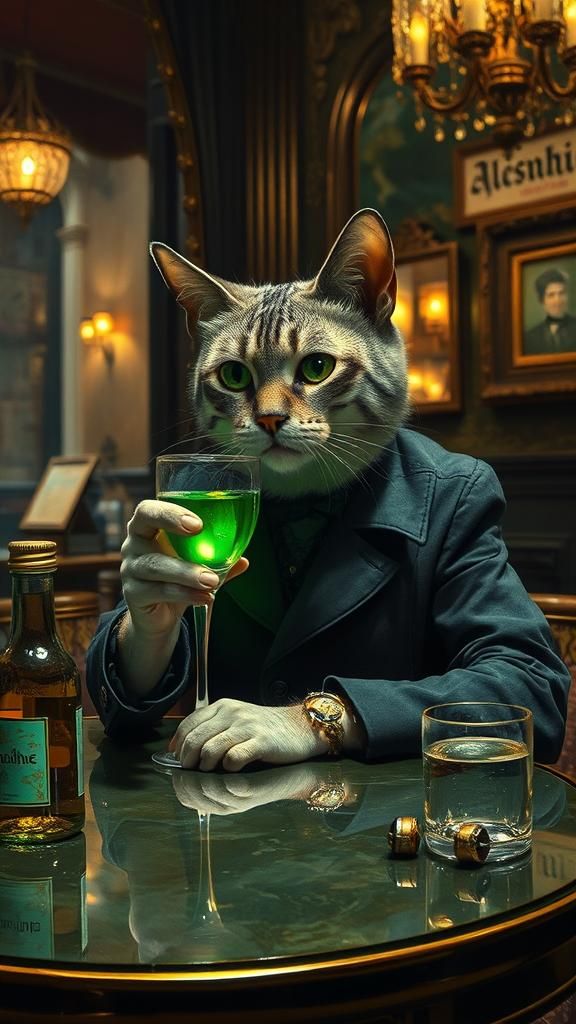 Anthropomorphic Cat Sipping Absinthe in Parisian Cafe