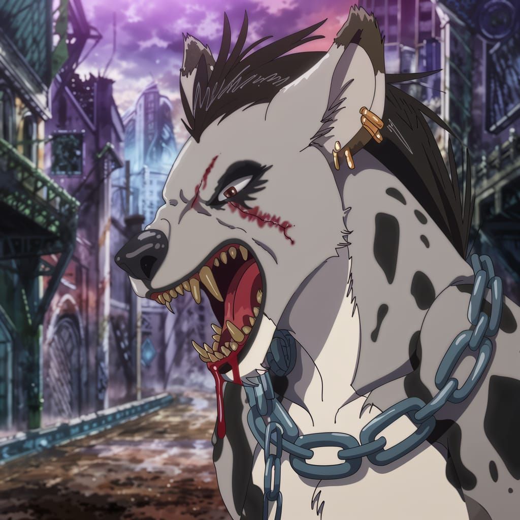 Anime-Style Hyena in Post-Apocalyptic City with Punk Accents