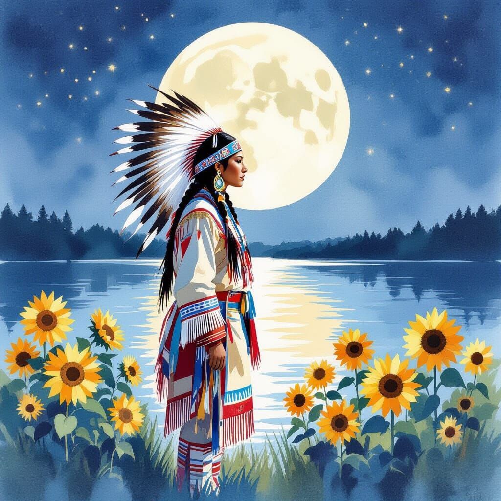 Native American Woman in Watercolors with Sunflowers