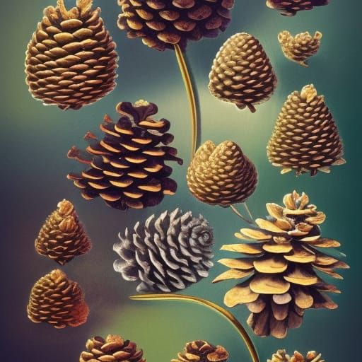 pinecone varieties, botanical illustration, white background...