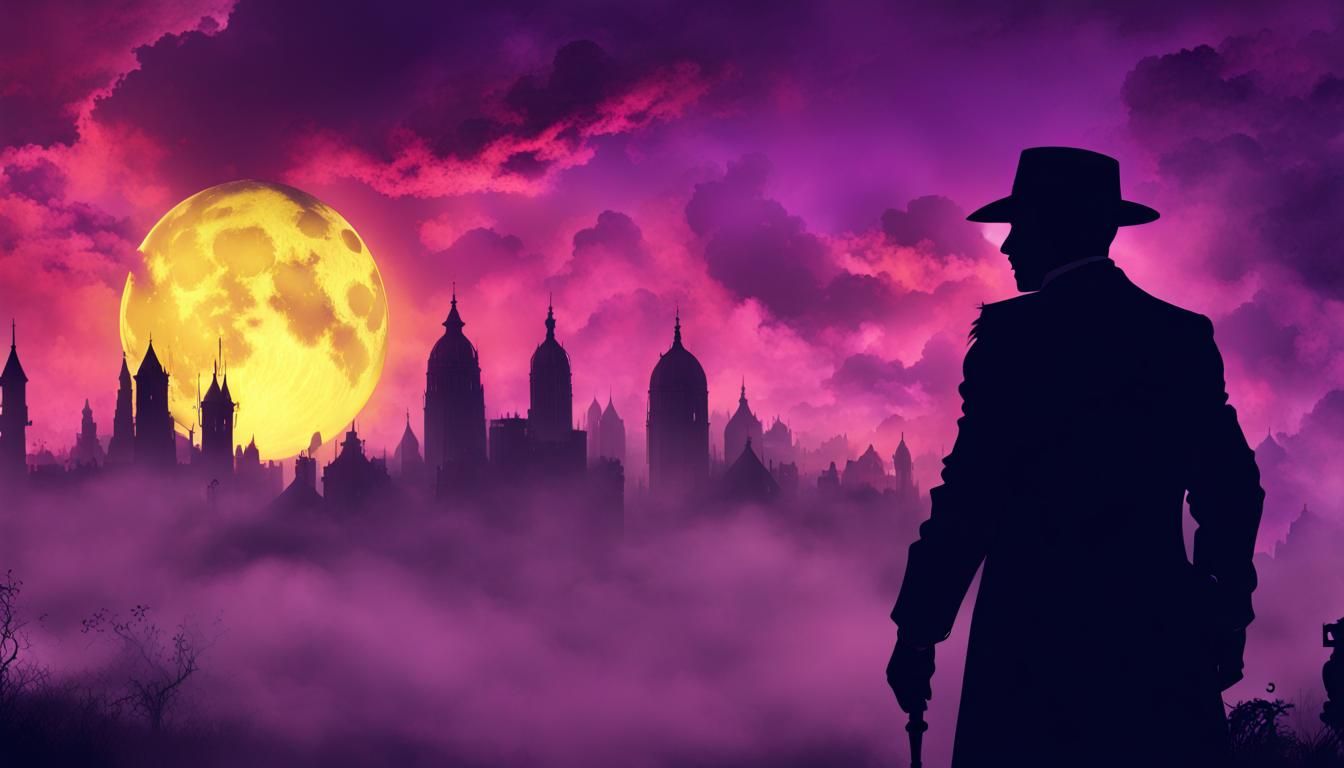Detective Silhouette in Dark Fantasy Cityscape