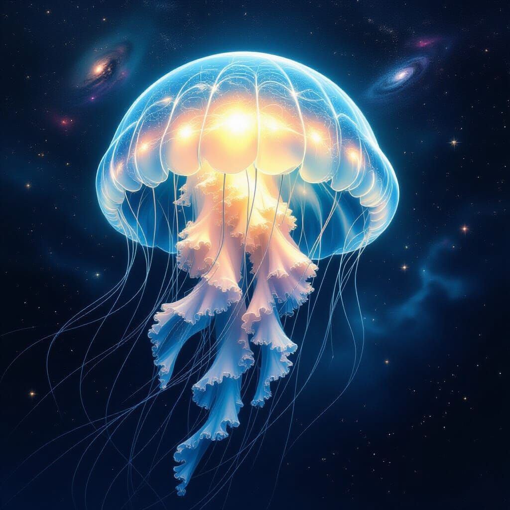 Bioluminescent Jellyfish Drifting Through Space in Art Nouve...