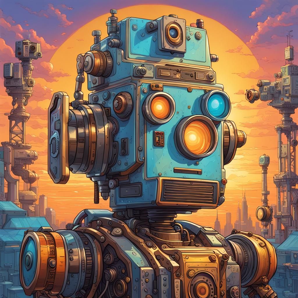 Robot Portrait with Sunrise Camera, Hyper-Detailed Digital A...