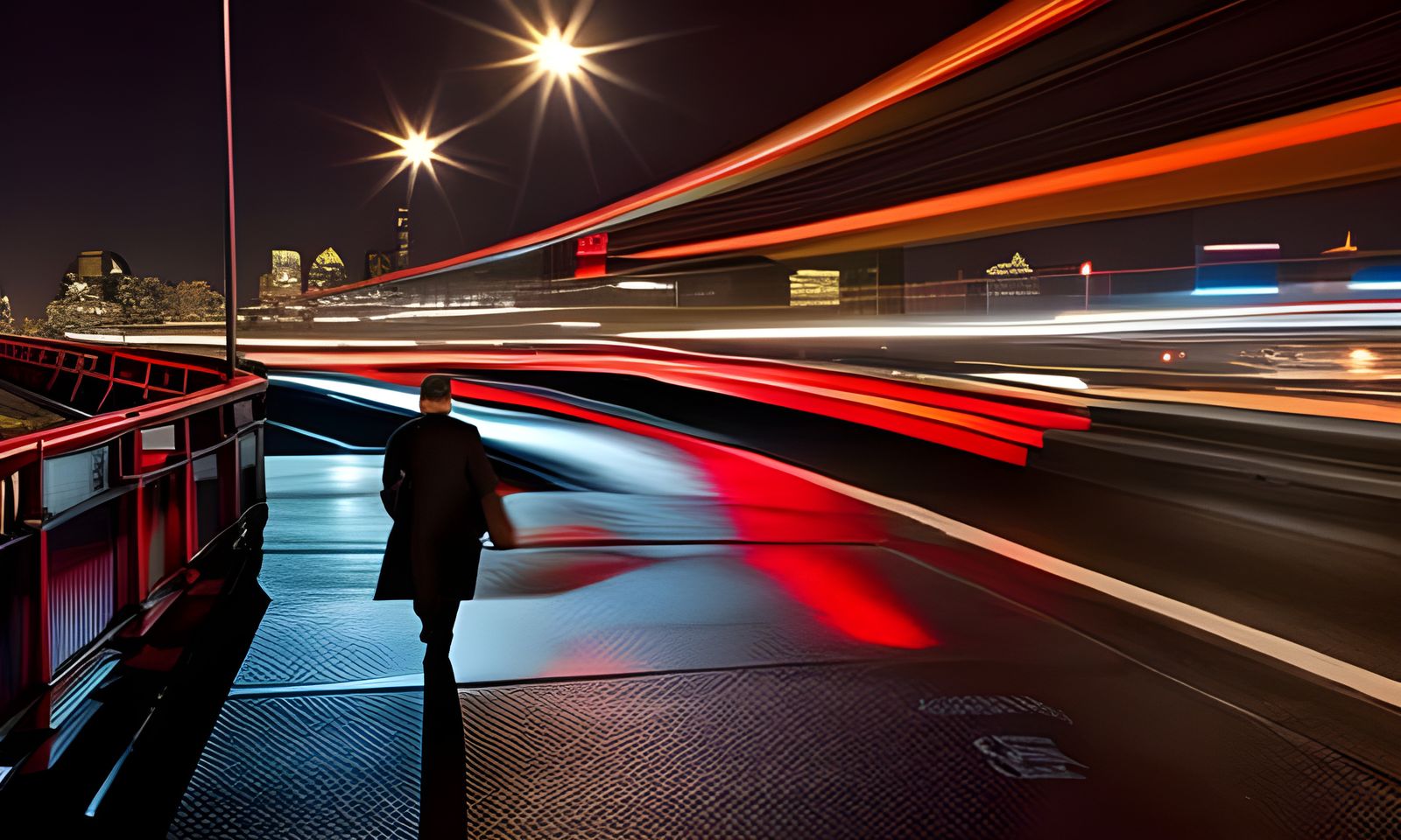 Brooklyn Bridge Light Trails in Cyberpunk Style