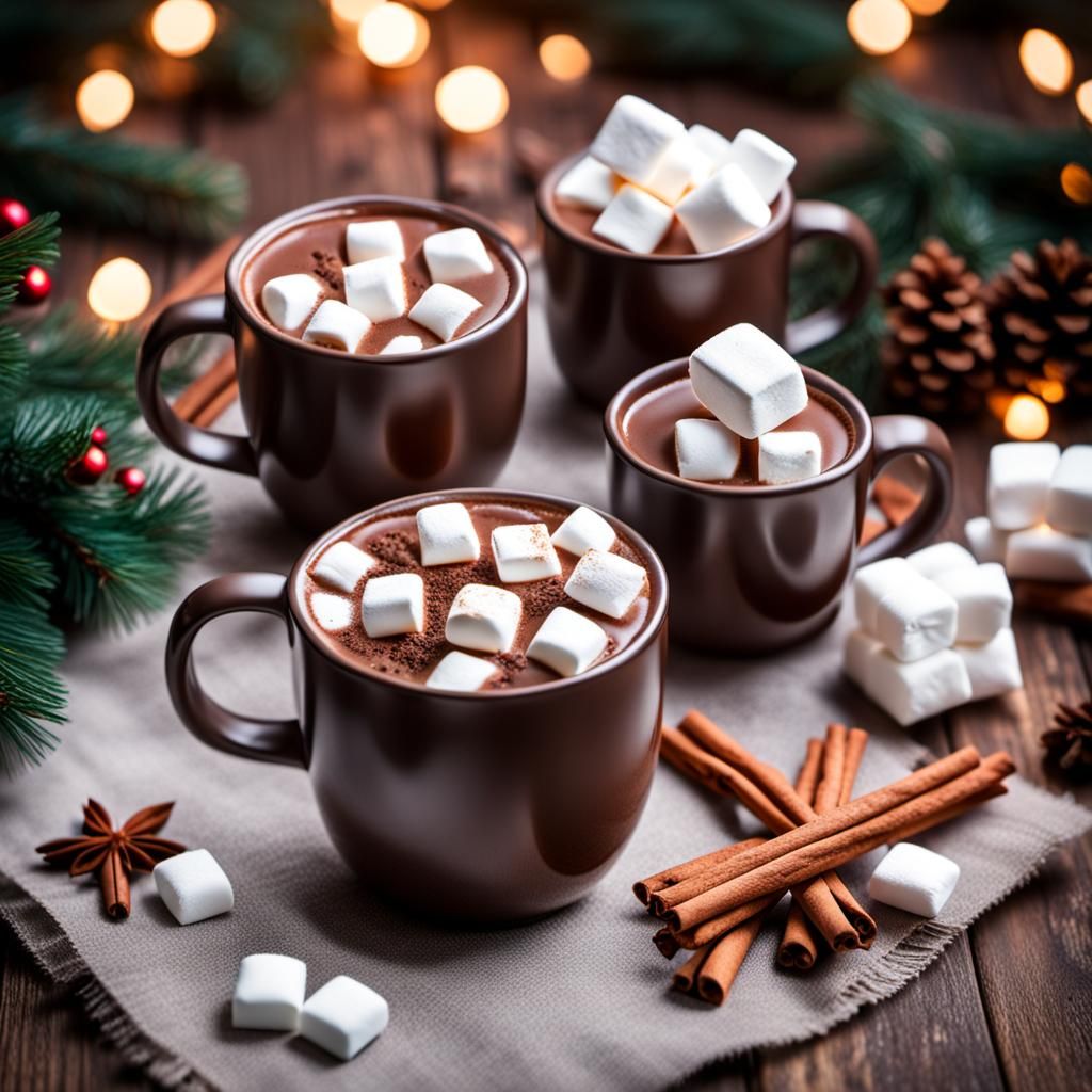 Cozy cup of hot chocolate with marshmallows, chocolate and cinnamon sticks, Christmas time, minimalist, photo realistic,...