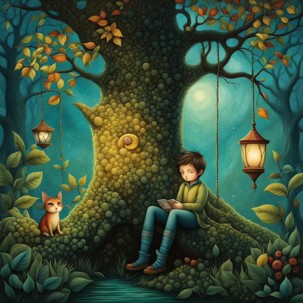 Boy on Branch: Digital Painting in Lacombe Style
