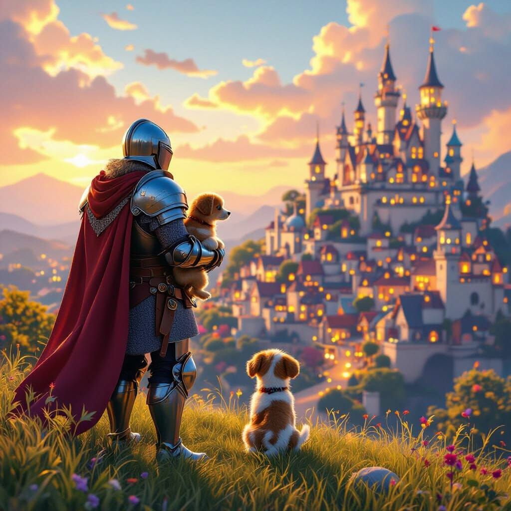 Brave Knight with Puppy Overlooks Fantasy Village