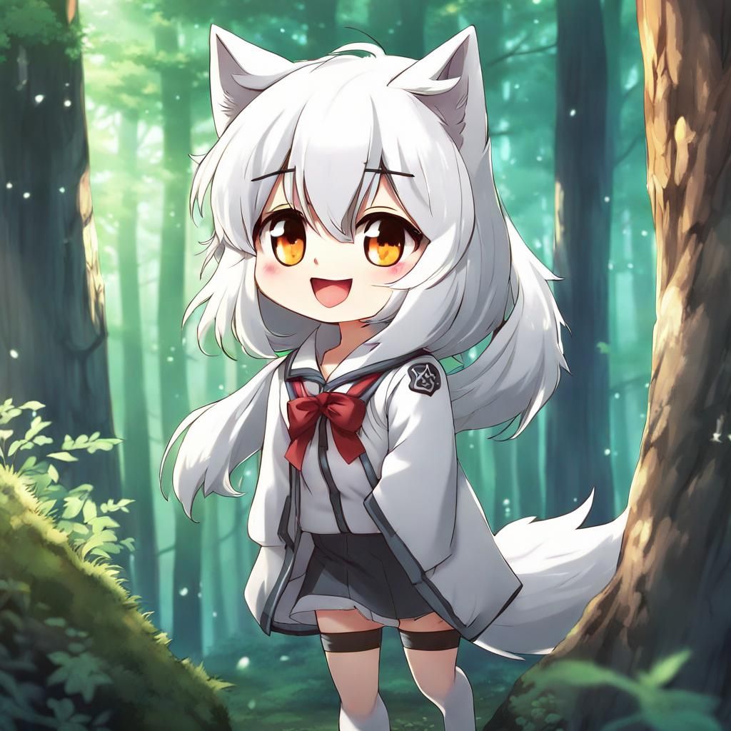 Happy Chibi Wolf Girl in Anime Style Forest