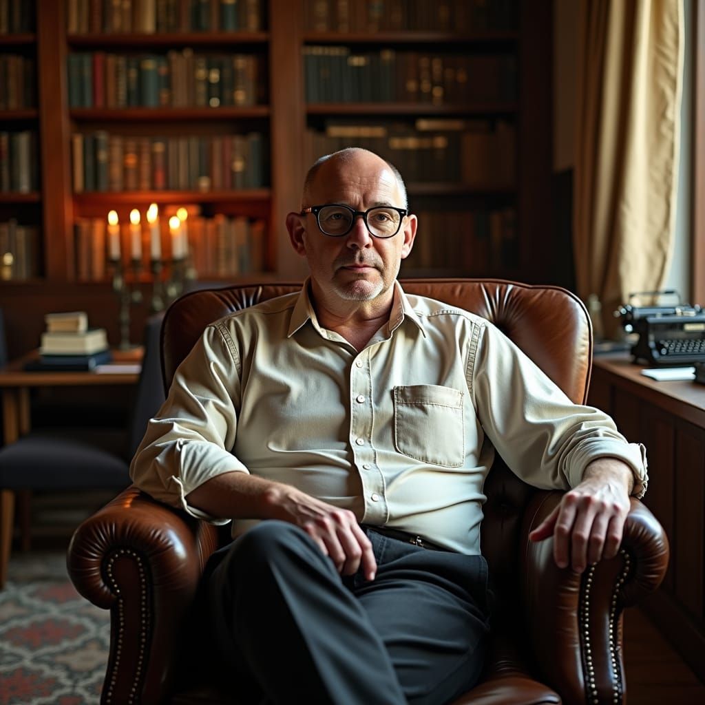 Contemplative Man in Library, Evoking Classic Portraiture