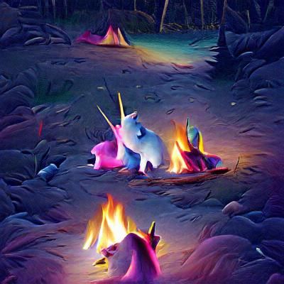 Unicorns Gathered Around Campfire in Mystical Forest