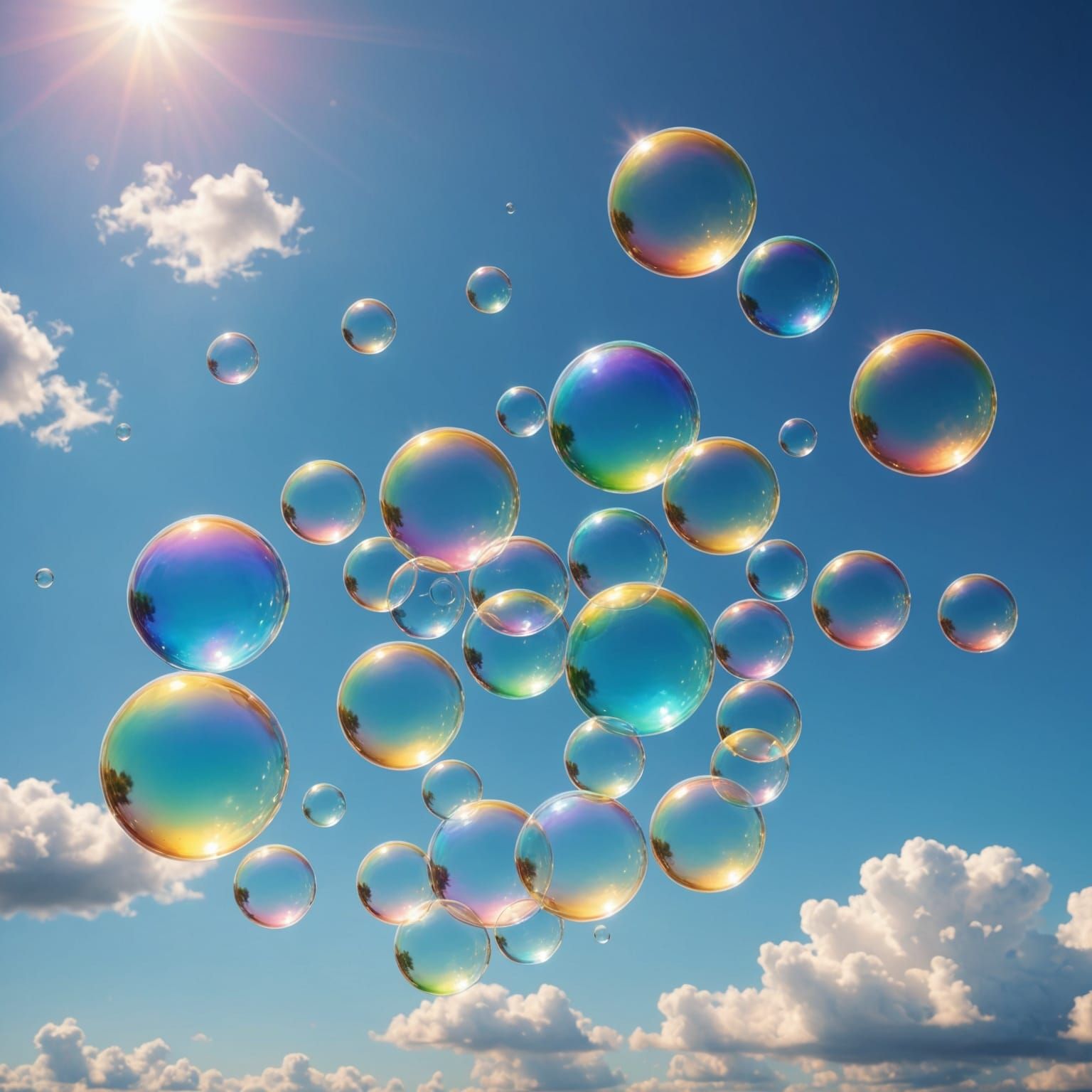 Iridescent Bubbles Floating in a Dreamy Sky