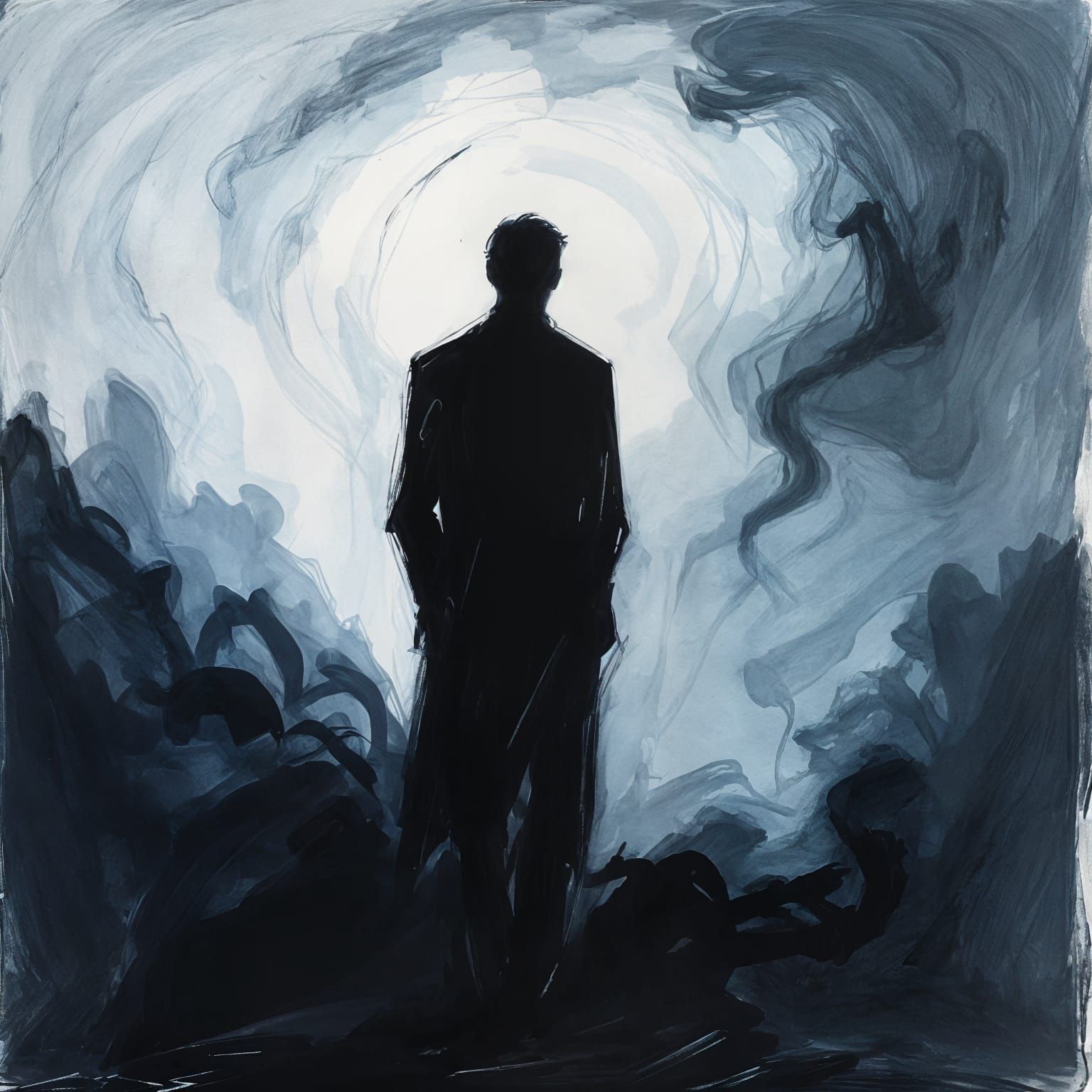 Solitary Figure in Expressive Storm Drawing
