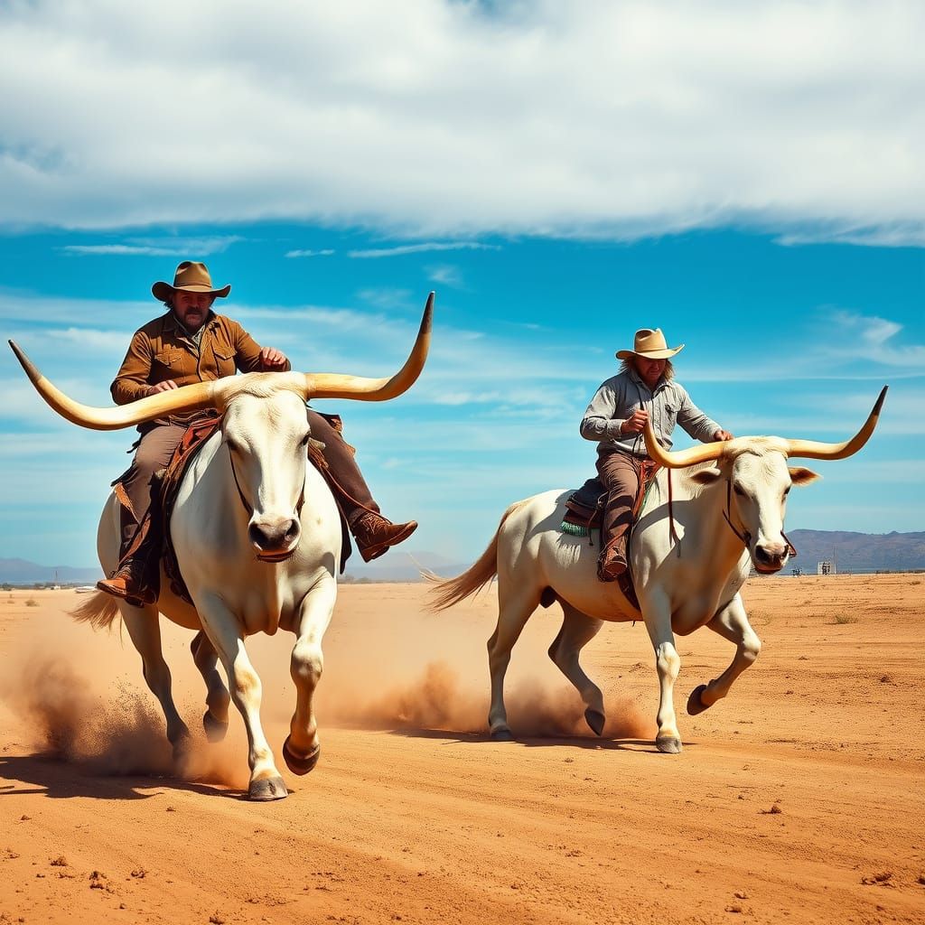 White Longhorns Gallop Across Dusty Plains