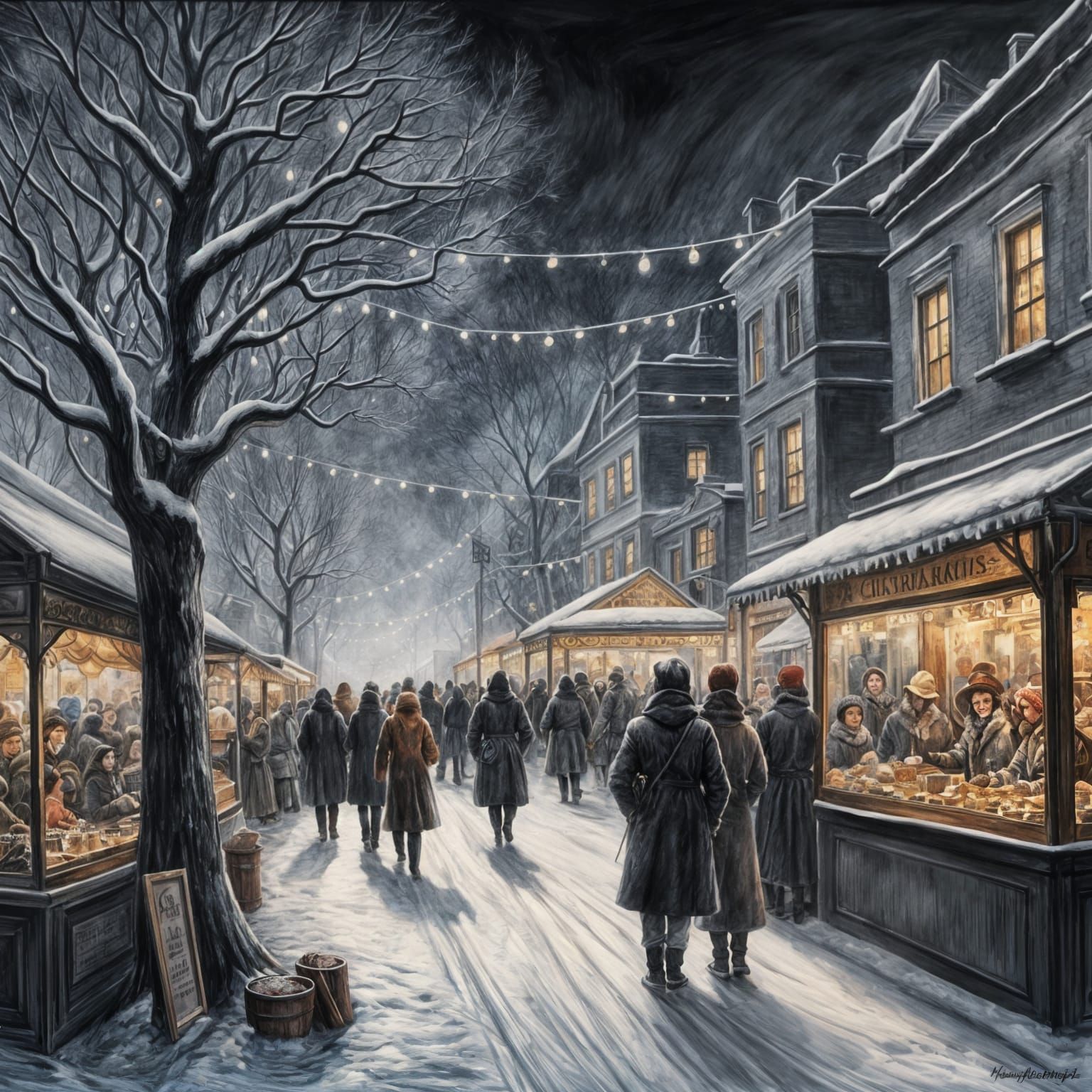 Whimsical Winter Carnival Scene in Charcoal Drawing