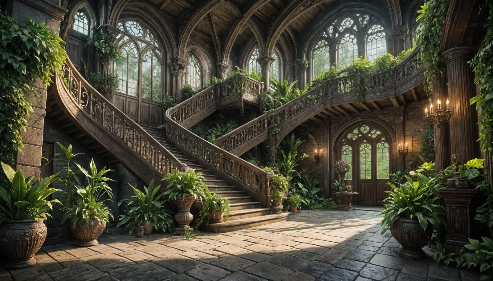 Elven Mansion Hall with Grand Staircase and Greenery
