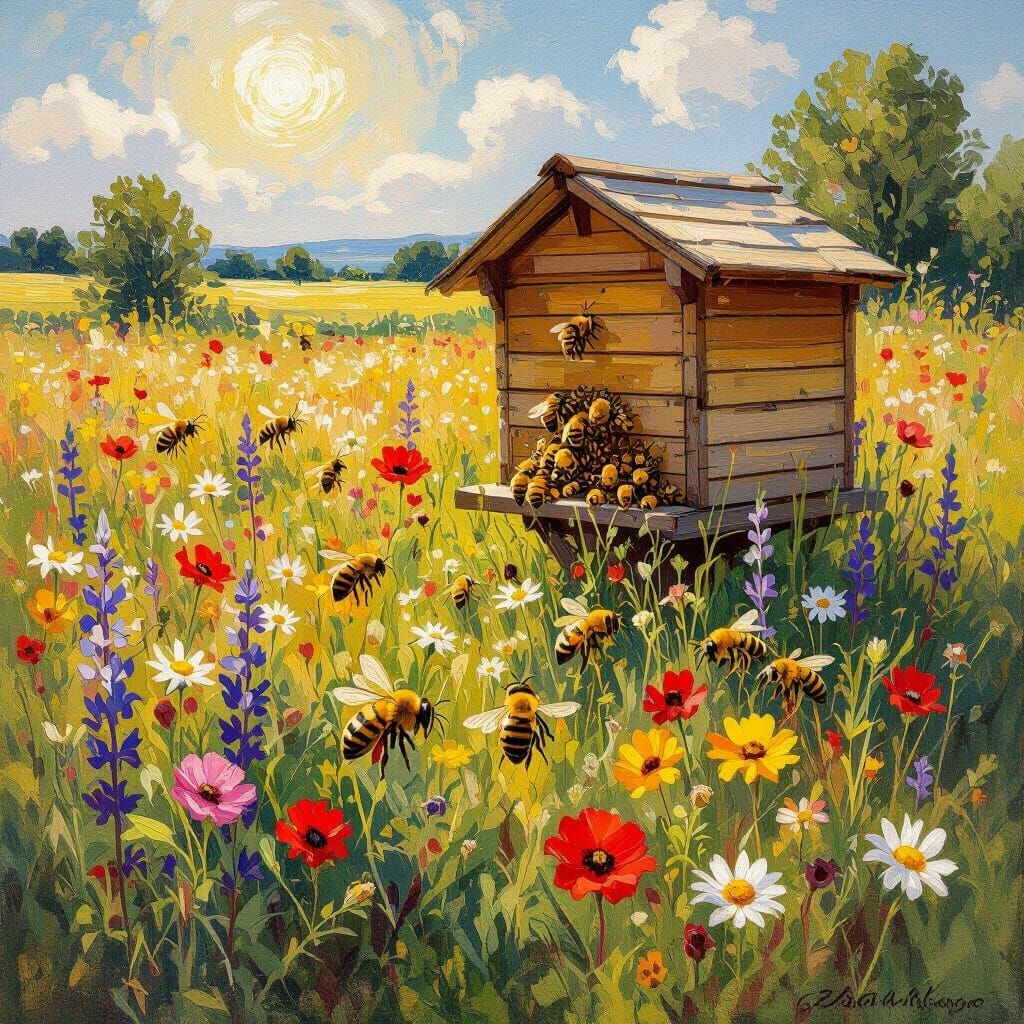 Beehive in Sunny Meadow as Impressionist Art