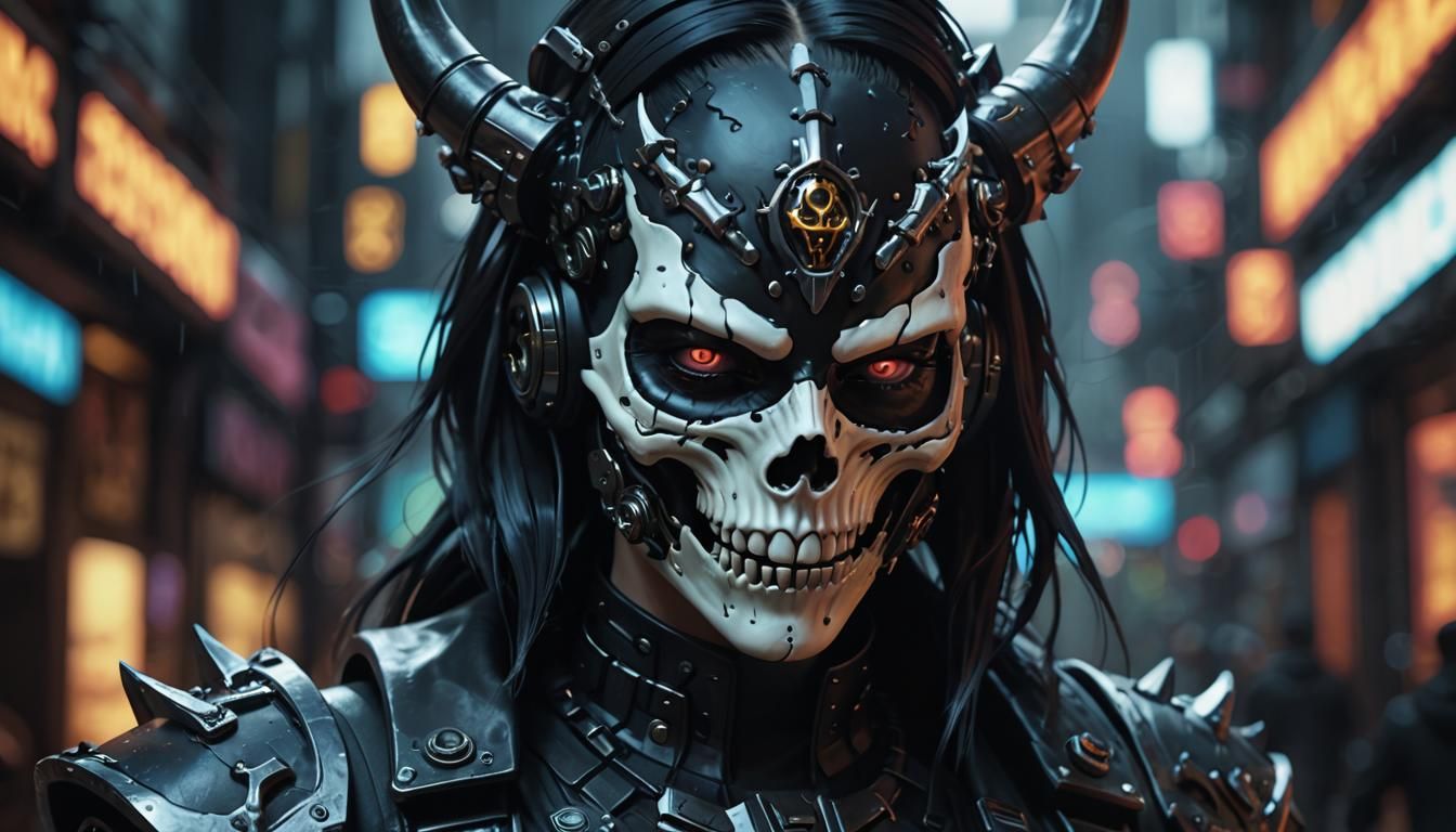 Cyberpunk Woman with Demon Skull Mask in 8K