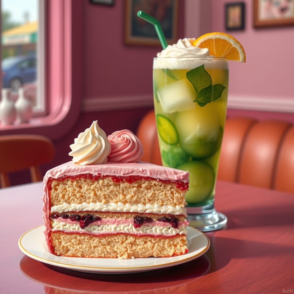 Decadent Cake and Drink in Vibrant Cozy Style
