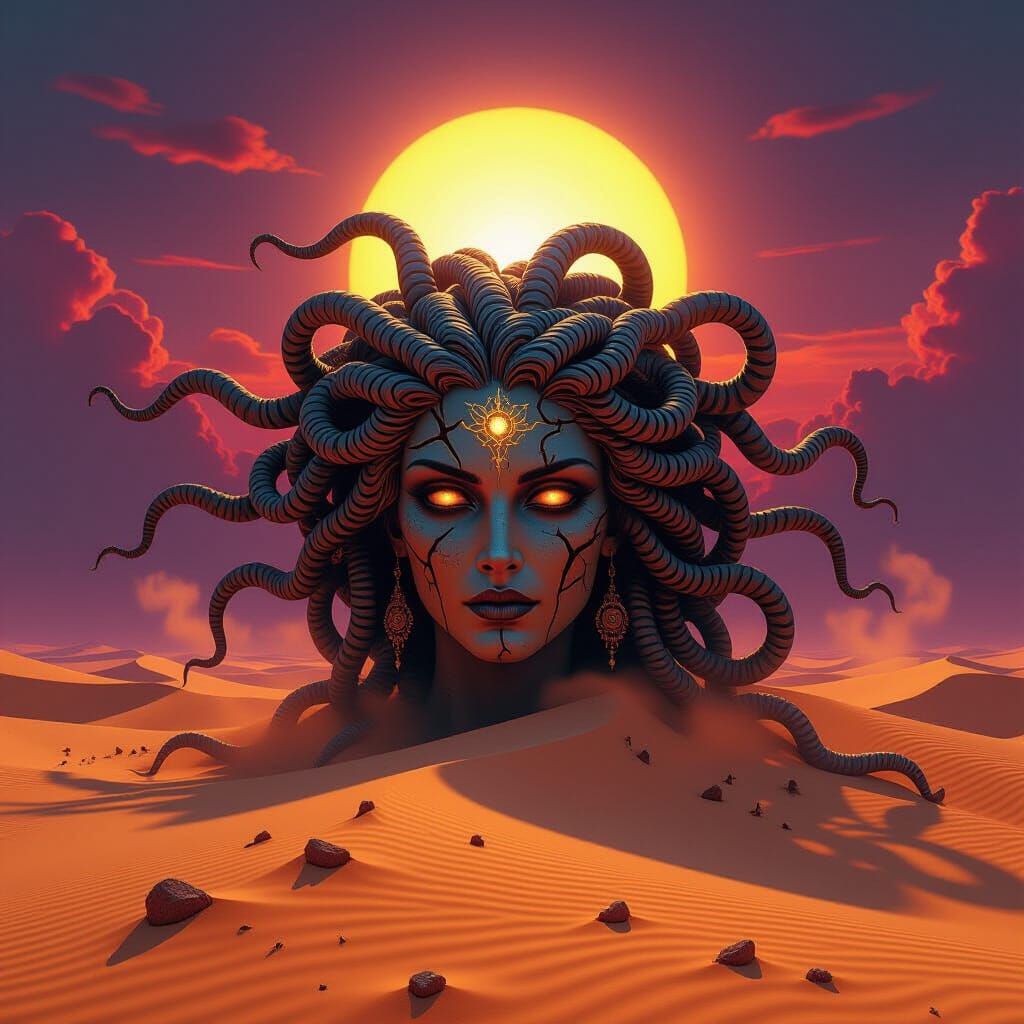 Colossal Medusa Rises From Desert Sands in Surreal Sunset