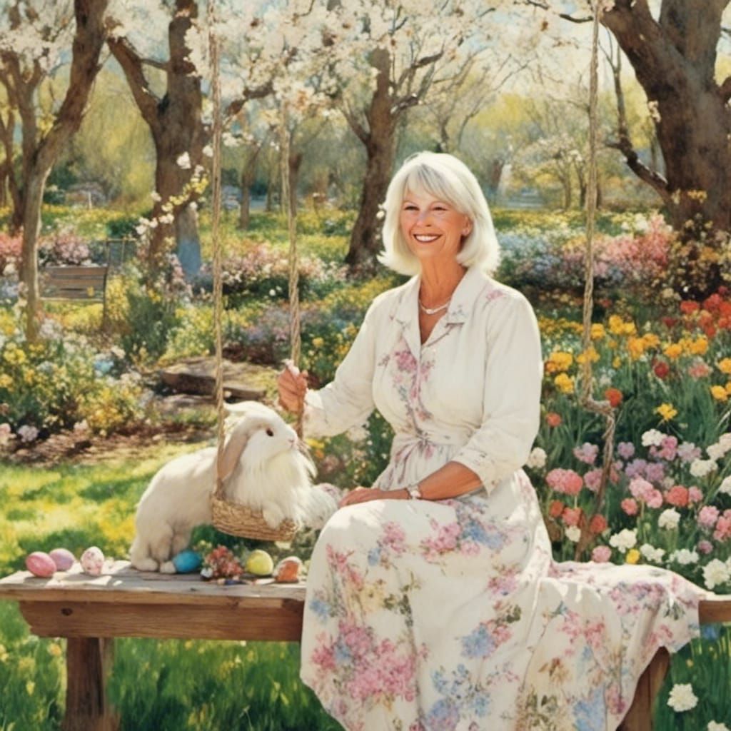 Elegant Woman Hiding Easter Eggs in Flower Garden