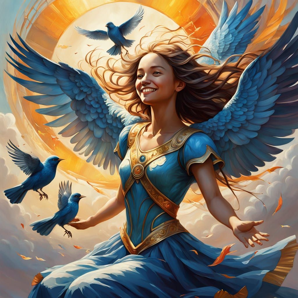 Three Birds of Faith, Hope, and Love Soar with a Joyful Girl