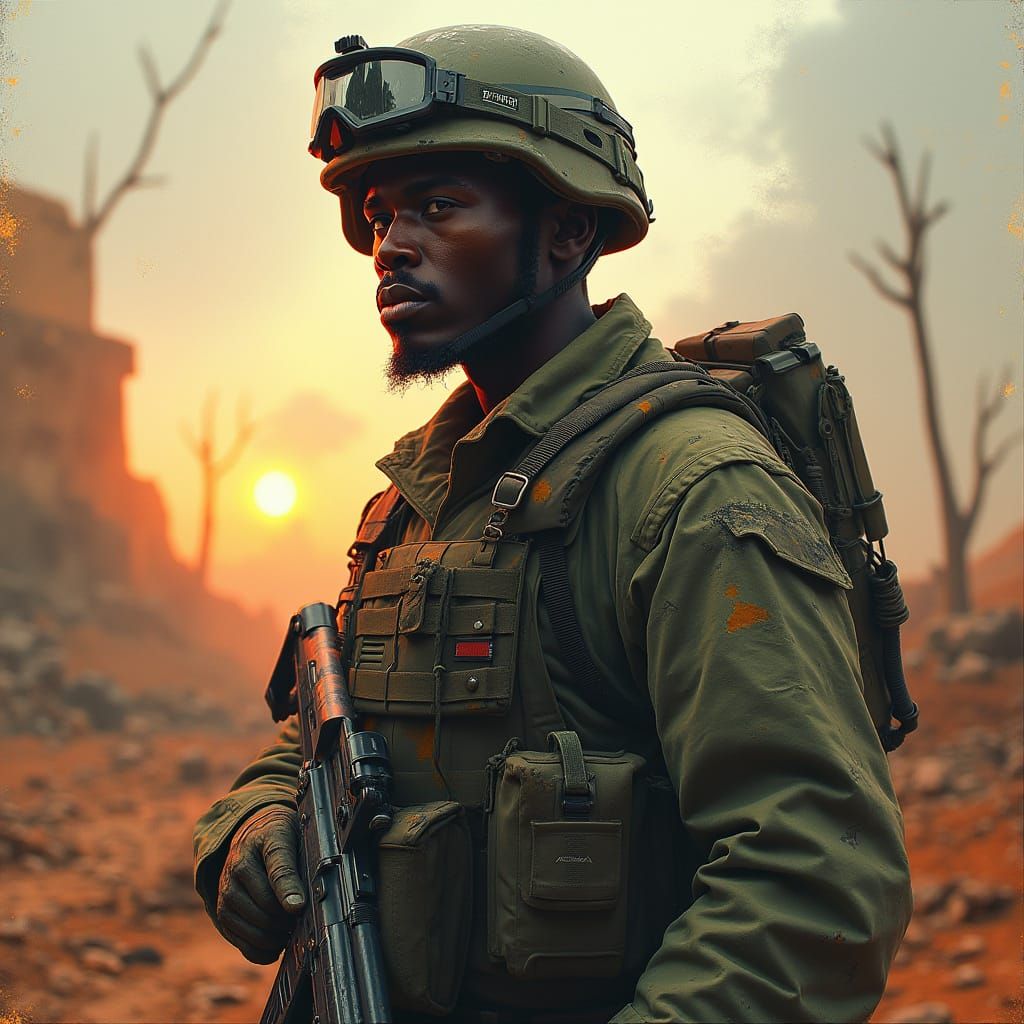 African Soldier in War-Torn Dystopian Landscape