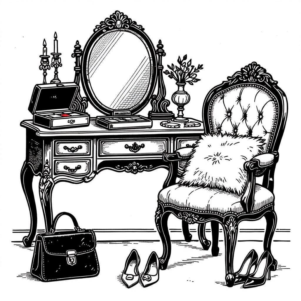 Coloring Sheet of Feminine Elements in Whimsical Line Art