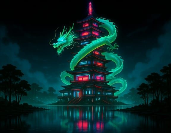 Cyberpunk Pagoda with Neon Dragon by Lake at Night