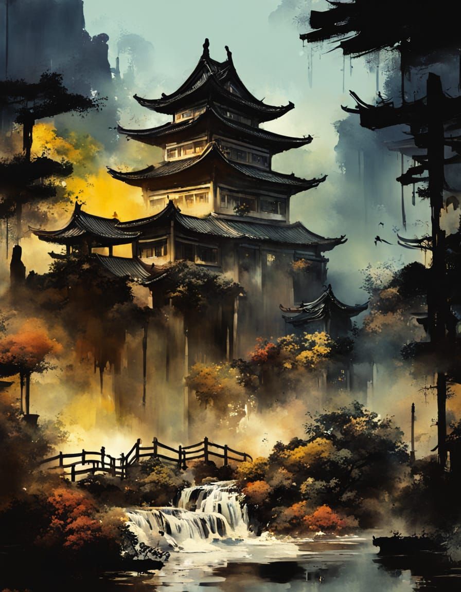 Mystical Chinese Ink Temple Scene