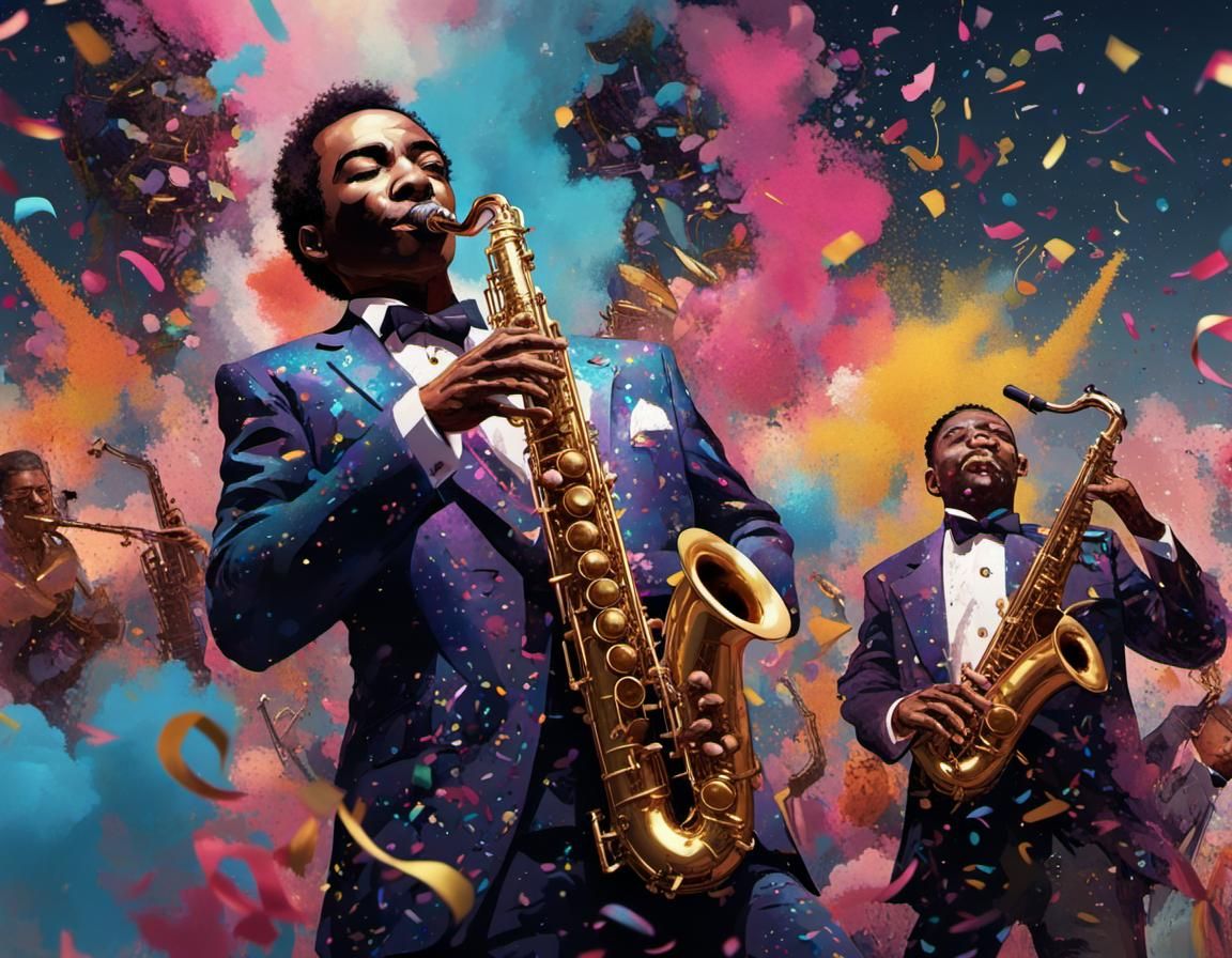 Jazz Band Performance with Confetti, in Expressionist Style
