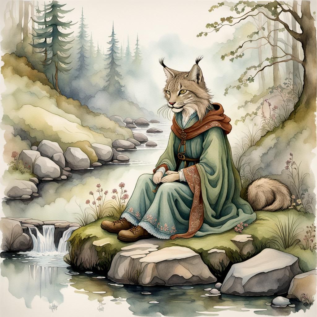 Lynx in Jacobean Dress Beside Misty Brook