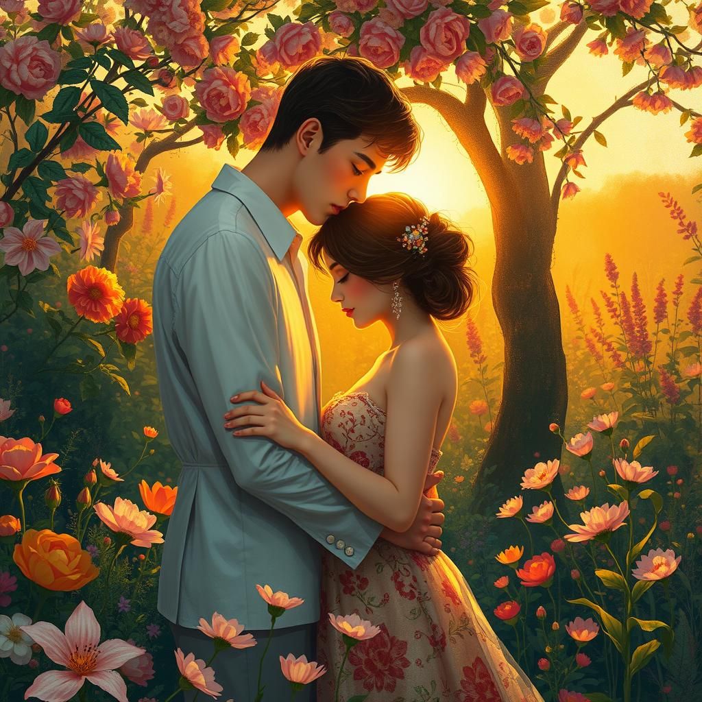 Romantic Embrace in Klimt-Inspired Floral Garden