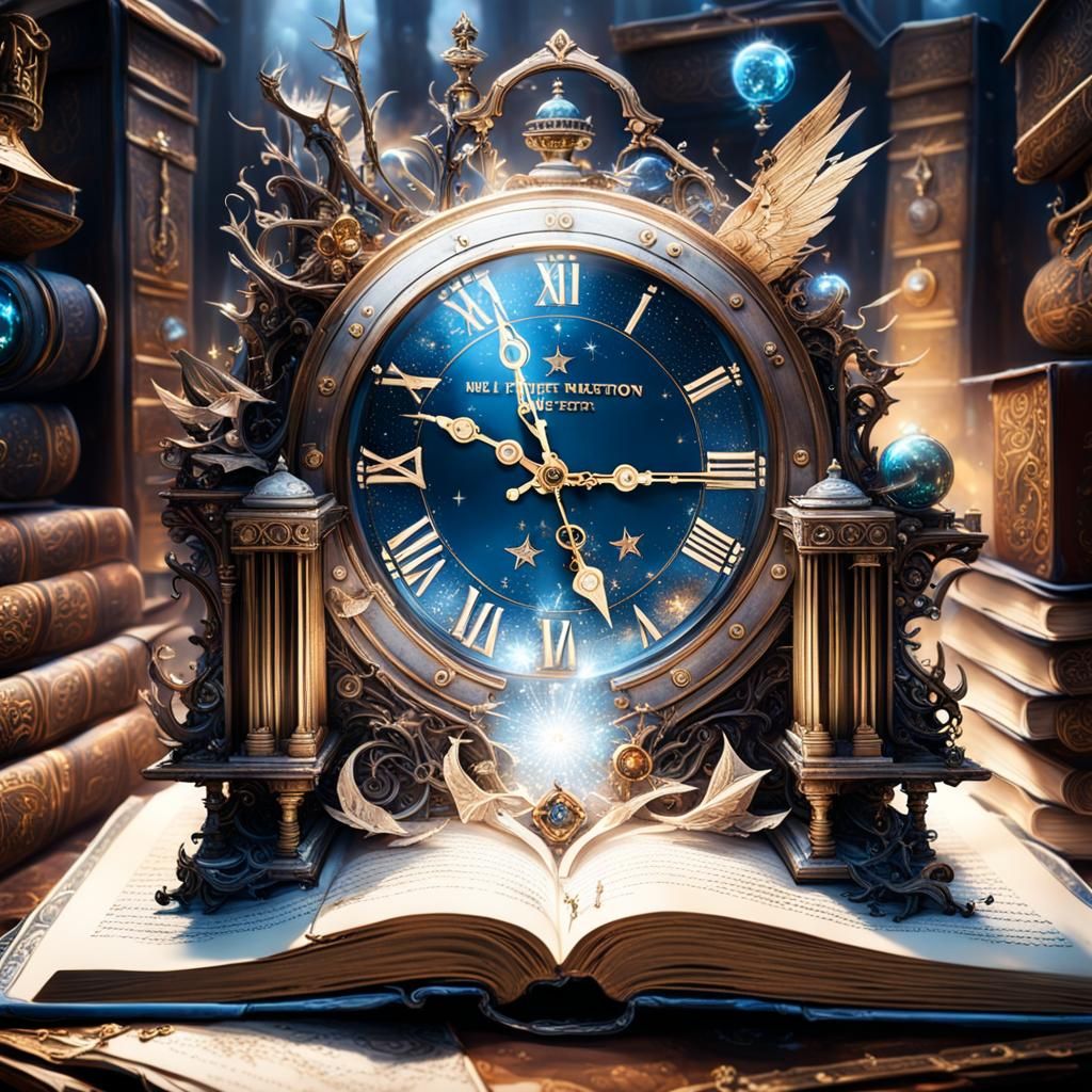 Sci-Fi Clock Escaping Book in Fantasy Landscape