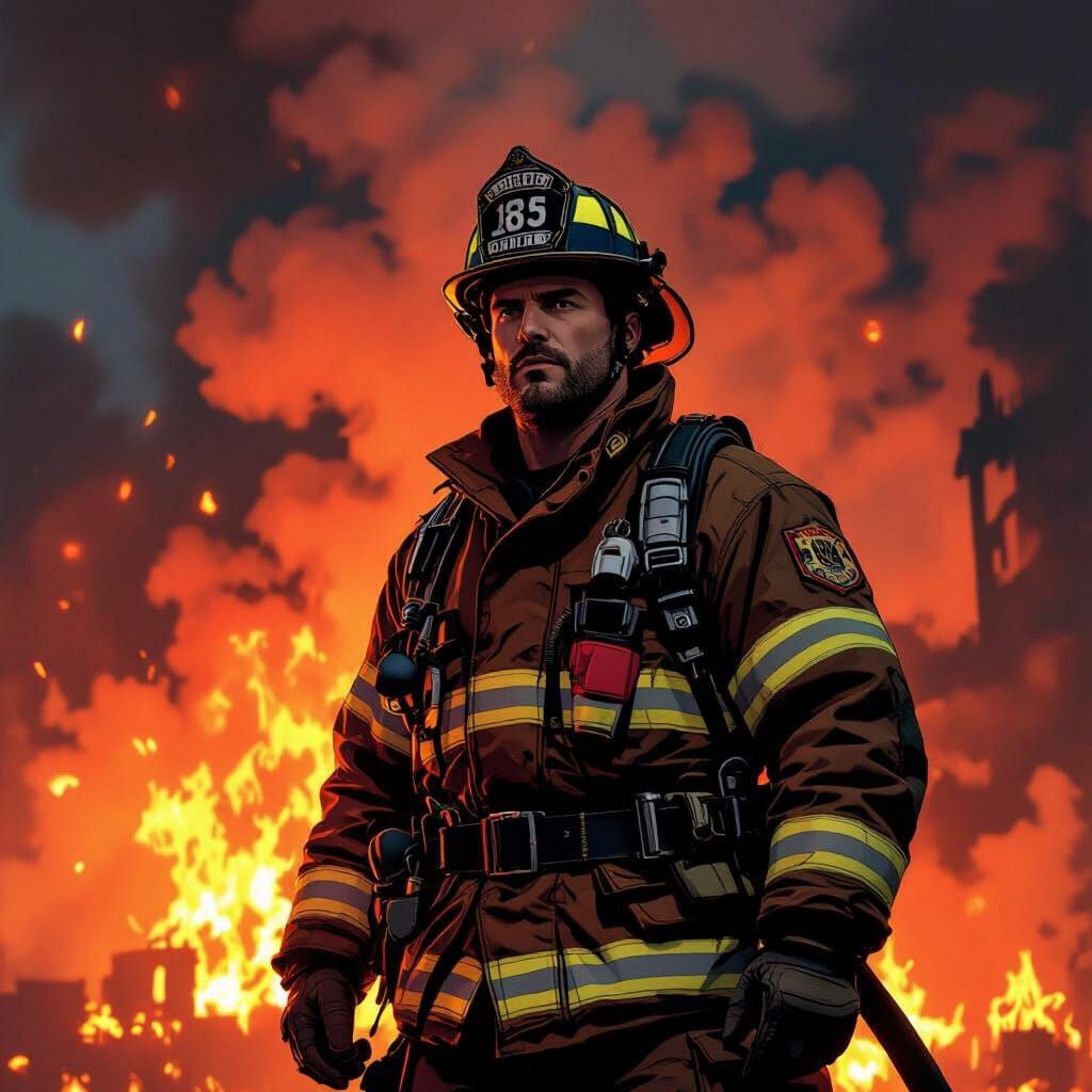 Strong Firefighter in Comic Concept Art Style