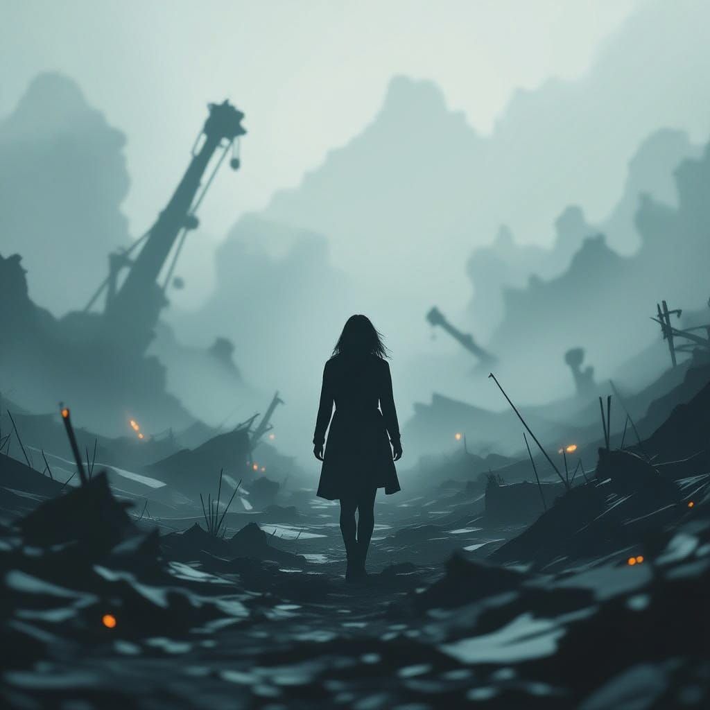 Woman Navigates Chaotic Abstract Landscape of Mental Struggl...